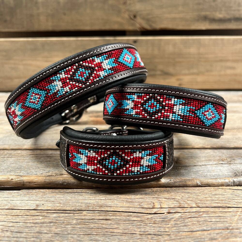 Genuine Leather Beaded Dog Collar Red and Blue Small